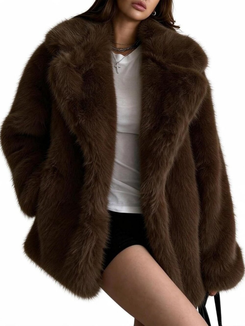 Cozy Women's Mid-Length Faux Fur Coat - Warm Fluffy Winter Jacket